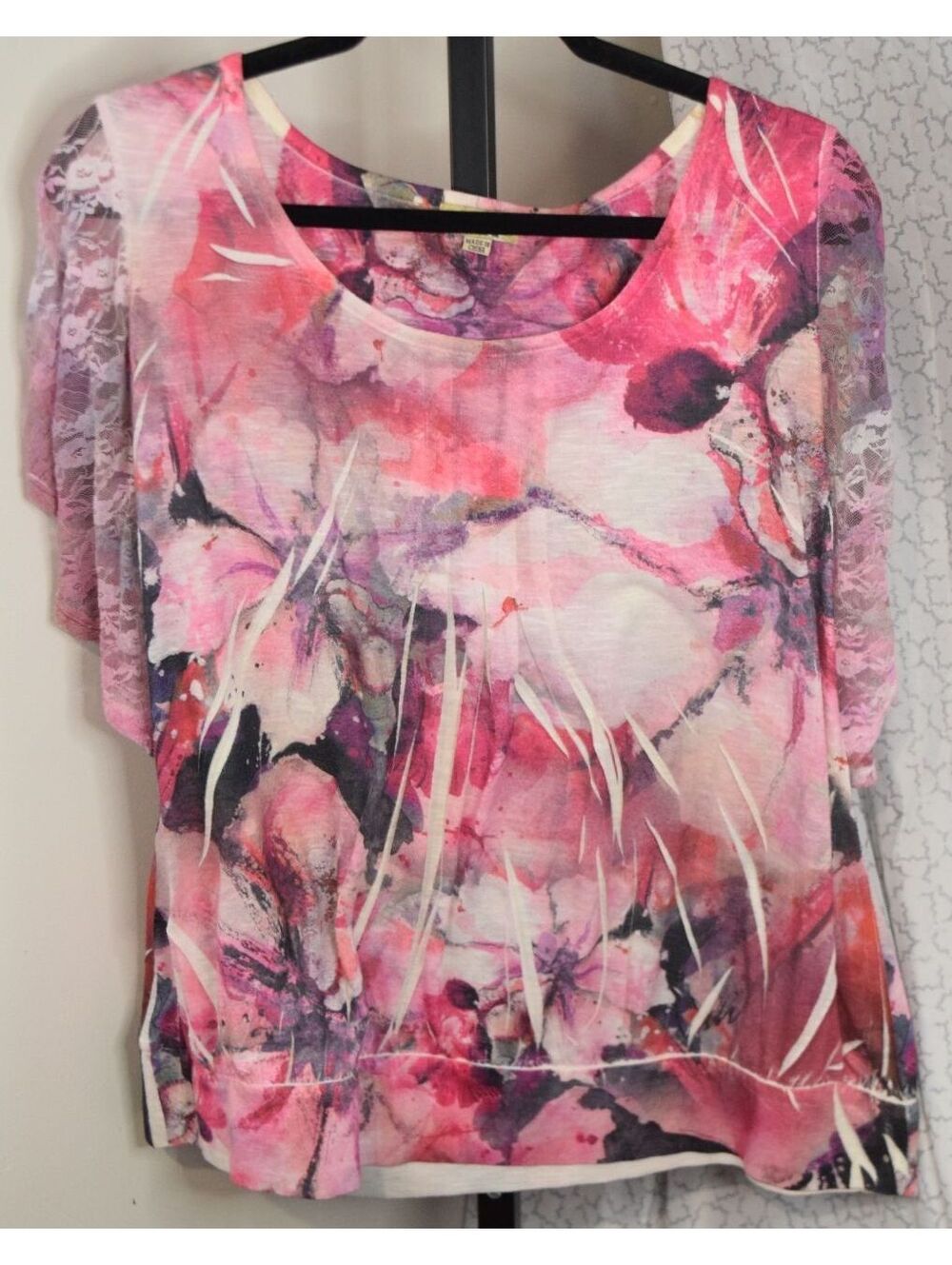 OneWorld Live and Let Live Women's 1X Pink Watercolor Floral Lace Sleeve Top